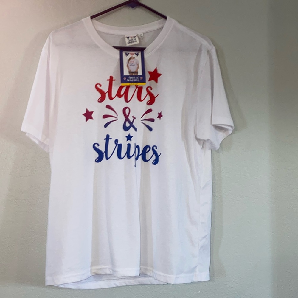 Spirit Of‎ America Women's White T Shirt Patriotic Stars & Stripes Size M